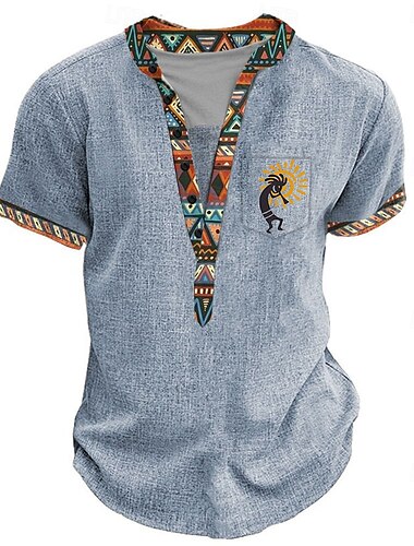  Herren Stammes Ethnisch T Shirt Henley Hemd T-Shirt Kurzarm Designer Basic Ethnisch Outdoor Lässig Täglich Sommer Schwarz Hellgrün Hellblau Khaki Henley Henley T-Shirt