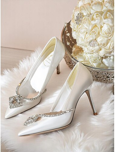  Tocuri de mireasă cu vârful ascuțit, din satin alb, cu strasuri cristaline - pantofi de mireasă eleganți cu toc înalt pentru ceremonia miresei și recepția de seară