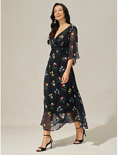  Damen Maxikleid A Linie Kleid Urlaub Hochzeitsgast Cocktailparty Standard Passform Blumen Grafik Dreiviertelarm V Ausschnitt Schwarz Sommer Herbst