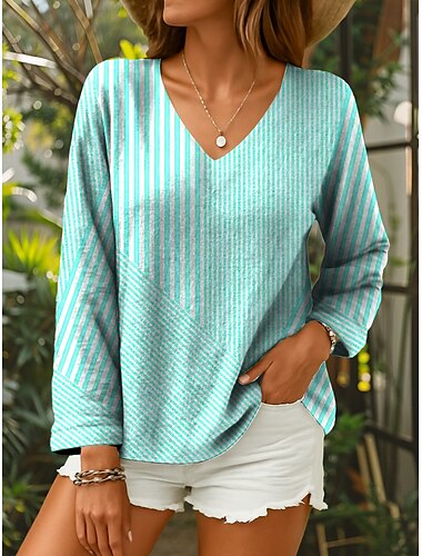  Damen Bluse Grafik Geometrisch Gestreift Elegant Tropisch Täglich Langarm Dreiviertelarm V Ausschnitt Normale Oberteile Täglich Rosa Blau Purpur Grün Sommer Frühling