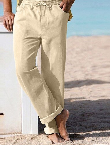  Bărbați Pantaloni de in Pantaloni Pantaloni de vară Pantaloni de plajă Cordon Talie elastică Picior drept Simplu Confort Respirabil Lungime totală Casual Zilnic Concediu Vacanță Modă Alb Albastru