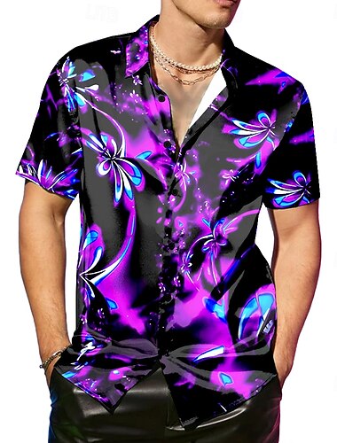  Herren Blumendruck Neon Blumen Satinhemd Kleidhemd Knopfhemd Kurzarm Modisch lässig Urlaub Party-Abendmode Täglich Sommer Frühling Umlegekragen Hemden mit Kragen Knopf hoch 3D-Druck Purpur Grün