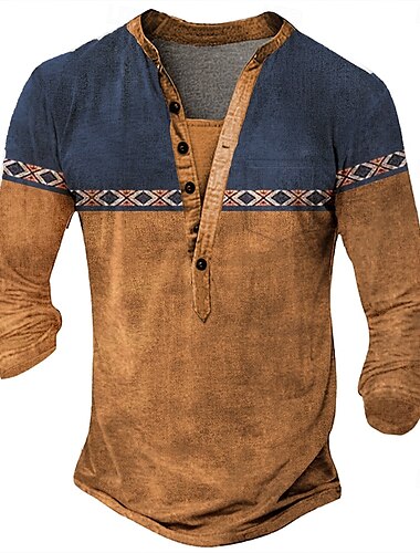  Herren Ethnisch Henley Hemd T-Shirt Langarm Ethnisch Lässig Sommer Frühling Meerblau Schwarz Hellgrün Marineblau Henley Henley T-Shirt