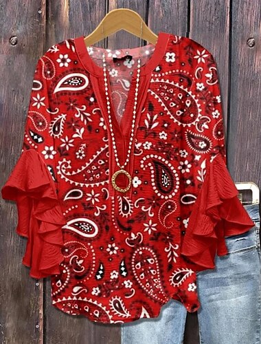  Blouse Rétro pour Femmes à Manches Volantes en Couches Imprimée Florale Vintage Graphique Paisley Bohème Vintage Quotidien Manches 3/4 Col en V Tops Classiques Quotidiens Vacances Imprimer Blanc