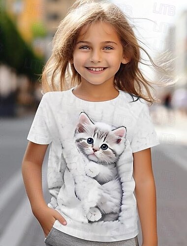  Mädchen 3D Katze T-Shirt Kurzarm Sommer Frühling Mode Basic Kinder 4-12 Jahre Rundhalsausschnitt Outdoor Lässig Täglich Normale Passform