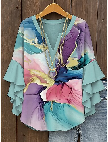  Vrouwen Blouse Gelaagde Ruffle Mouw Tops Ombre Graphic Abstract Bohemia Vintage Dagelijkse 3/4 Lange Mouw V-Hals Reguliere Tops Dagelijkse Vakantie Kleding Print Roze Blauw Groen Zomer Lente Herfst