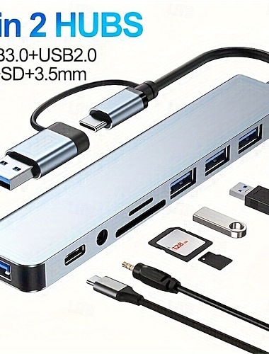  8-i-1 USB-C-hub med multiport och USB 3.0, USB 2.0, Type-C, SD/TF-kortläsare, 3,5 mm ljuduttag – kompatibel med MacBook, Windows, Android, iPad och OTG-enheter, plug and play