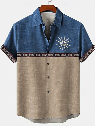  Herren Geometrisch Sonnenblume Leinenhemd Sommer Hawaiihemd Knopfhemd Kurzarm Hawaiianisch Resort Urlaub Ferien Strandbekleidung Sommer Frühling Umlegekragen Hemden mit Kragen Schwarz Marineblau Blau