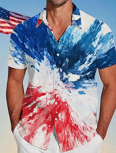  Tag der Unabhängigkeit Herren US Flagge Patriotisch Hemd Sommerhemd Knopfhemd Kurzarm Modisch lässig Outdoor Urlaub Alltagskleidung Sommer Frühling Umlegekragen 3D-Druck Hemden mit Kragen Blau 1