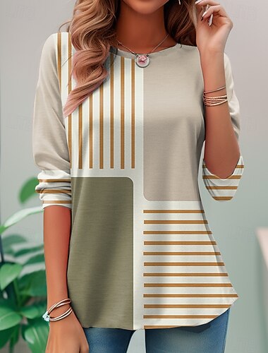  Per donna Maglietta Grafico Geometrico A righe Elegante Vintage Moda Manica Lunga Girocollo Top Regolari Quotidiano Uscire Weekend Stampato Giallo Marrone chiaro Cachi Estate Primavera