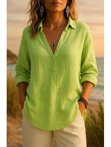  Mujer Camisa Camisas de algodón y lino Abotonar Color sólido Diario Casual Manga Larga Obispo Cuello Camisero Tops regulares Diario Retazos Botones Blanco Rosa Morado Verde Trébol Primavera