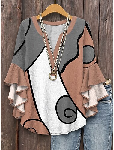  Vrouwen Blouse Gelaagde Ruffle Mouw Tops Graphic Geometrisch Abstract Dagelijks Stijlvol Casual 3/4 Lange Mouw V-Hals Reguliere Tops Dagelijkse Vakantie Kleding Print Blauw Oranje Groen Khaki Zomer