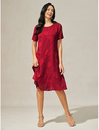  Femmes Mini Robe Robe en Chiffon Élégant Occasionnel Coupe Ample Fleuri Manche Courte Col ras du cou Rouge Été