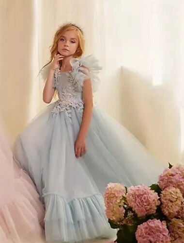  Ballkleid Bodenlange Schleppe Blumenmädchenkleid Geburtstag Gefrorene Elsa Mädchen Süßes Ballkleid Tüll mit Gerafft Königlicher Stil Tutu Fit 3-16 Jahre