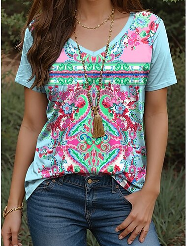  Mujer Camiseta Floral Graphic Cachemir Vintage Elegante Casual Manga Corta Escote en Pico Tops regulares Diario Estampado Amarillo Rosa Azul Piscina Morado Verano