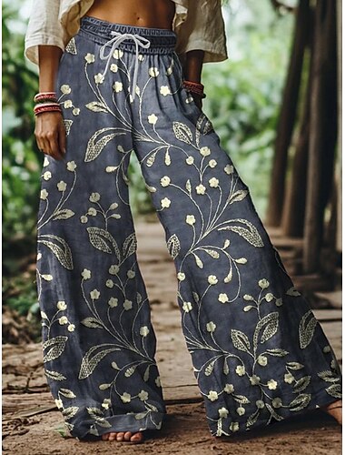  Damen Weites Bein Chinos Baggy-Hosen Urlaub Vintage Ethno-Stil Volle Länge Hohe Taille Blumen Grafik Drucken Thermowarm Atmungsaktiv Weich Mikroelastisch Urlaub Straße Lässig Weinrot Dunkelgrün Rosa