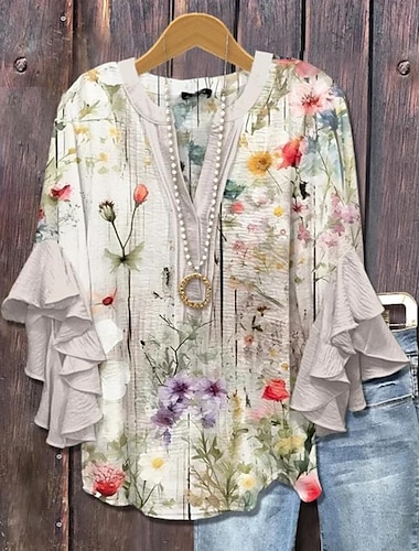  Damen Bluse Blumen Grafik Paisley-Muster Bohemien Vintage Täglich Langarm Dreiviertelarm Flattrige Ärmel V Ausschnitt Normale Oberteile Täglich Ferien Urlaubskleidung Rüsche Druck Rosa Blau Beige Grau