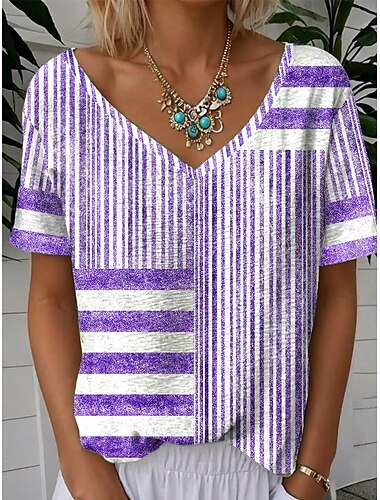  Mujer Camiseta Graphic Geométrico A Rayas Bohemia Vintage Elegante Manga Corta Cuello Barco Tops regulares Diario Ropa de playa Ropa de vacaciones Estampado Rojo Azul Piscina Morado Verde Trébol Gris