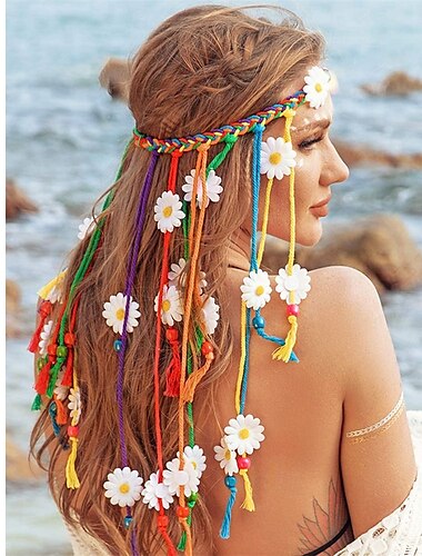  Diadema bohemia de girasol con trenzas de arcoíris, tocado hippie floral, accesorios florales coloridos para el cabello para mujer