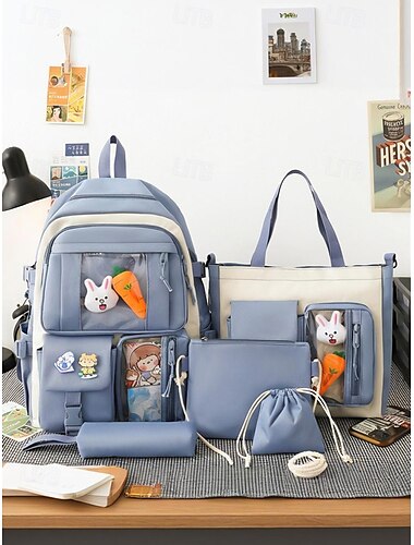  6-teiliges süßes Kawaii-Rucksackset für Damen mit durchsichtigen Vordertaschen, Cartoon-Ansteckern und Plüschanhängern, leichte Schultasche aus Nylon für Teenager-Mädchen, Reisen auf dem Campus und den täglichen Gebrauch