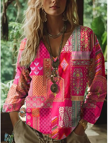  Damen Bluse Blumen Grafik Paisley-Muster Bohemien Vintage Tropisch Dreiviertelarm V Ausschnitt Normale Oberteile Gerafft Bestickt Druck Rosa Blau Purpur Grün Sommer Frühling