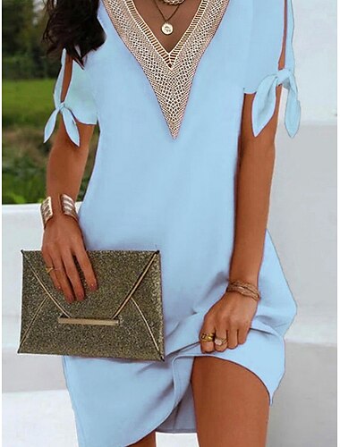  Damen Mini Kleid Sommerkleid Einfarbig Lässig Alltag Normale Passform Schlicht Halber Ärmel V-Ausschnitt Schwarz Weiß Pink Himmelblau Sommer
