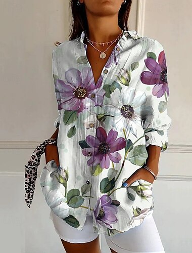  Damen Hemd Blume Täglich Stilvoll Basic Halbarm V Ausschnitt Normale Oberteile Täglich Ferien Druck Weiß Gelb Blau Frühling Herbst