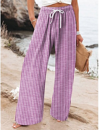  Damen Weites Bein Chinos Strandshorts Urlaub Mode Lässig Volle Länge Hohe Taille Grafik Gestreift Kordelzug Drucken Atmungsaktiv Weich Mikroelastisch Urlaub Lässig Täglich Violett Rubinrot Grün