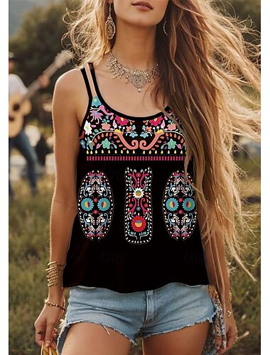  Damen Camisole-Tanktop Blumen Grafik Paisley-Muster Vintage Stilvoll Ethnisch Ärmellos U-Ausschnitt Normale Oberteile Täglich Ferien Ausgehen Druck Schwarz Weiß Rosa Leicht Braun Blau Sommer Frühling