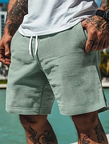  Herren Waffel-Shorts Sommershorts Freizeitshorts Tasche Elastischer Bund Kordelzug Einfach Komfort Atmungsaktiv Kurz Urlaub Urlaub Lässig Armeegrün Aprikose