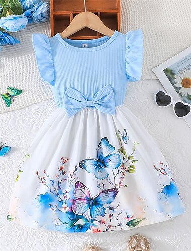  Kinder Mädchen Kleid Schmetterling Langarm Outdoor Lässig Rüsche Knotenbinde Mode Niedlich Polyester Knielang Freizeitkleid A Linie Kleid Sommer Frühling Ab 4 Jahren Gelb Rosa Wein