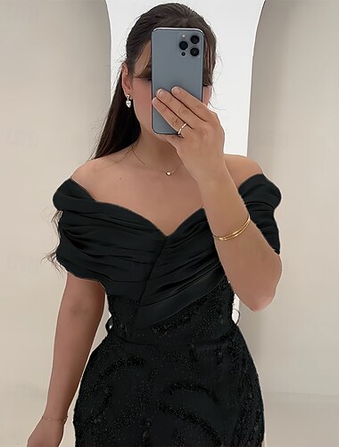  A-Linie Abendkleid Elegant Kleid Formell Hochzeit Bodenlang Kurzarm Schulterfrei Satin mit Glitzer Gerafft Kristalle 2025