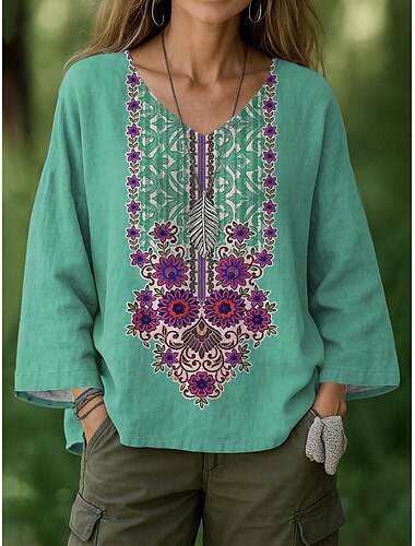  Damen Bluse Blumen Grafik Bohemien Vintage Täglich Langarm V Ausschnitt Normale Oberteile Täglich Ferien Urlaubskleidung Druck Blau Purpur Grün Sommer Frühling