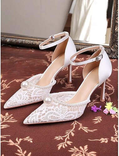  Scarpe da sposa con tacco a spillo in pizzo bianco da donna con decorazioni in perle e cinturino alla caviglia - eleganti scarpe da sposa per la sposa