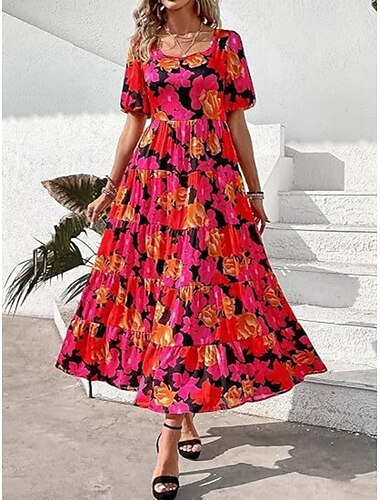  Damen Maxikleid Freizeitkleid Lässig Lässiger Schnitt Grafik Kurzarm Rundhalsausschnitt Magenta Dunkelrot Rote Blau Sommer