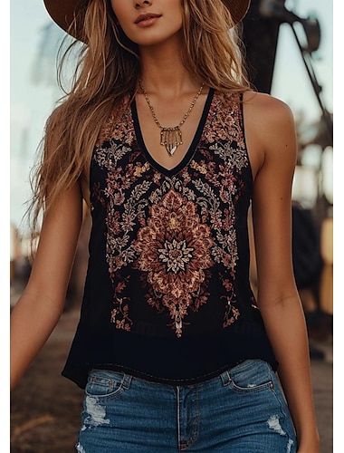  Dam Camisole linne Blommig Grafisk bohemliv Dagligen Etnisk Ärmlös V-hals Vanliga toppar Dagligen Helgdag Utekväll Svart Sommar Vår