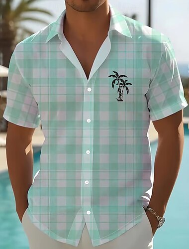  Homens Coqueiro Xadrez Quadrados Plantas Tropicais Camisa Social Camisa havaiana camisa de botão Manga Curta Havaiana Férias Feriado Roupa de Praia Verão Primavera Aberto para a Lateral Impressão 3D