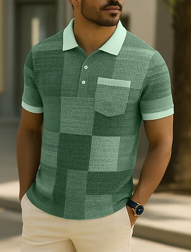  Herren Farbblock Waffel-Poloshirts Kurzarm Polo-Shirts Hemden mit Kragen Business-Casual Geschäft Athleisure Alltagskleidung Knöpfe Tasche 3D-Druck Sommer Schwarz Blau Purpur