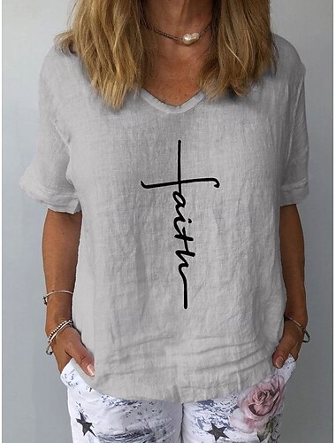  女性用 Tシャツ グラフィック レタード ボヘミア ヴィンテージ トロピカル風 半袖 Ｖネック レギュラートップス 日常 週末 プリント ホワイト ブルー グレー 夏
