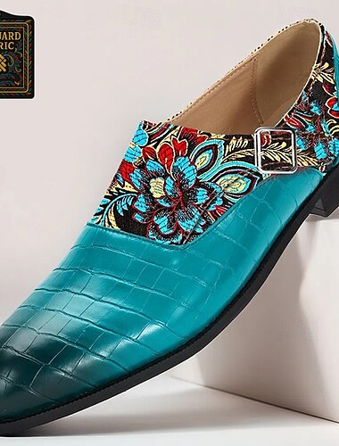  Mocassins en tissu jacquard bleu sarcelle pour hommes avec motif floral brodé – chaussures décontractées élégantes à enfiler pour un usage quotidien, le travail ou les sorties décontractées