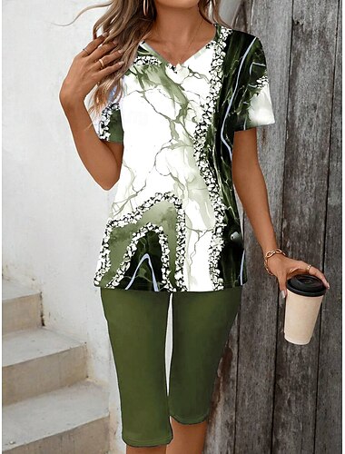 Damen Mode T Shirt Shorts-Sets Kurzarm V Ausschnitt Blumen Grafik 3D-Druck Druck Alltagstauglich Wein Armeegrün Dunkelmarine Sommer Normale Passform