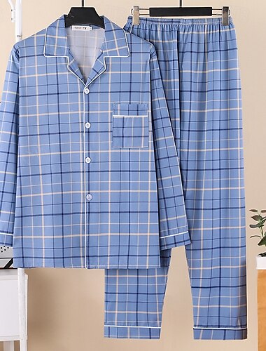  Hombre Pijama Conjunto pijama Top y pantalón de pijama 1 juego Plaid Moda Elegante Clásico Hogar Diario Cama Poliéster Comodidad Suave Diseño Manga Larga Cardigan Pantalón Cintura elástica Primavera