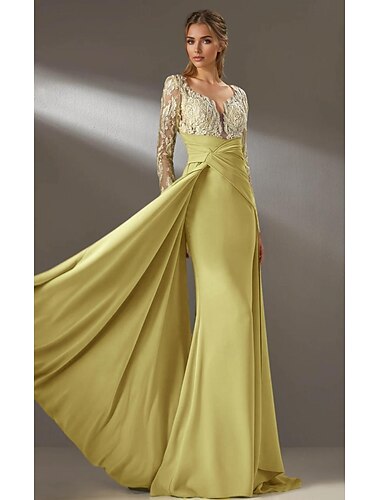  gelbes Kleid Meerjungfrau / Trompete Abendkleid elegantes Kleid formelle Hochzeit Sweep / Pinsel Schleppe lange Ärmel V-Ausschnitt Chiffon gerüschte Details mit Perlen Stickerei Applikation 2025