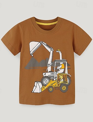  Barn Pojkar T-shirt Tee Tecknat Kortärmad Crewneck Barn Top Utomhus Grundläggande Sommar Brun 4 år +