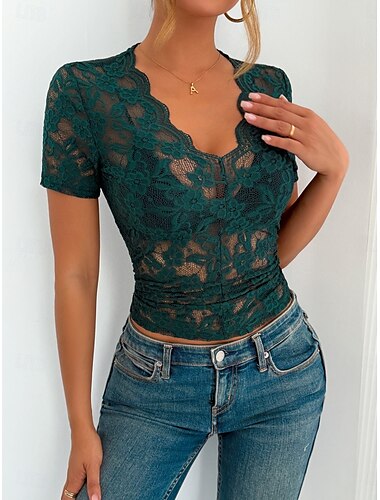  Blusa da donna con pizzo top a tinta unita stilosa casual maniche corte scollatura a V top regolari quotidiano patchwork in pizzo nero bianco verde estate primavera