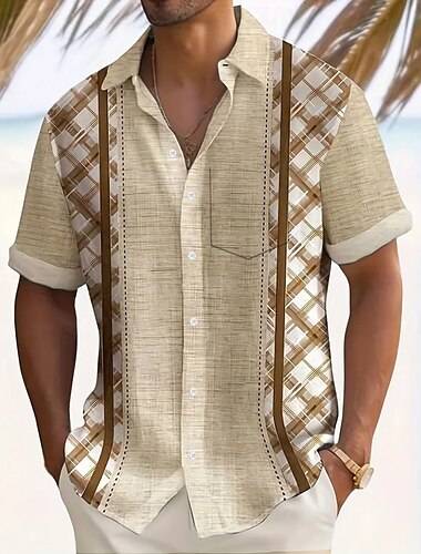  Herren Geometrisch Kariert Hemd Sommerhemd Knopfhemd Kurzarm Modisch lässig Urlaub Ferien Streetwear Sommer Umlegekragen 3D-Druck Eine Tasche vorne Leinenähnliches Hemd Khaki