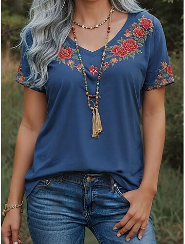  Damen T Shirt Blumen Grafik Vintage Stilvoll Modern Kurzarm V Ausschnitt Normale Oberteile Täglich Druck Blau Purpur Grün Sommer
