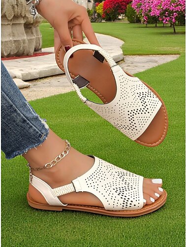  Cremefarbene Peep-Toe-Sandalen mit Cut-outs für Damen – atmungsaktives Lasercut-Design, lässiger Chic für Frühlingsspaziergänge, Reisen und Komfort im Alltag