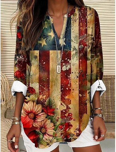  Unabhängigkeitstag Frauen Patriotische Vierte Juli Bluse Grafische Flagge Vintage Tropisch Hawaiianisch Langarm V-Ausschnitt Reguläre Oberteile Täglich Ferien Strandbekleidung Druck