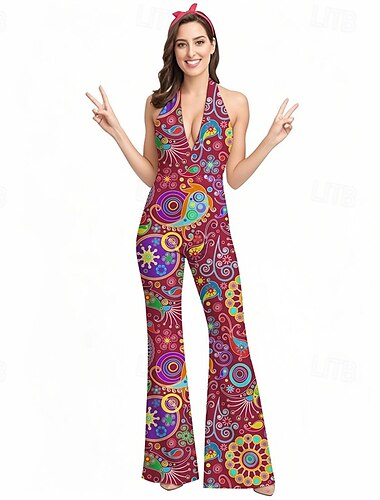  Retro Vintage Boho 1970er Schlaghosen Overall Hippie Disco Paisley-Muster Stammes Damen Halloween Karneval Urlaub Musikfestival Festival Erwachsene Jumpsuit